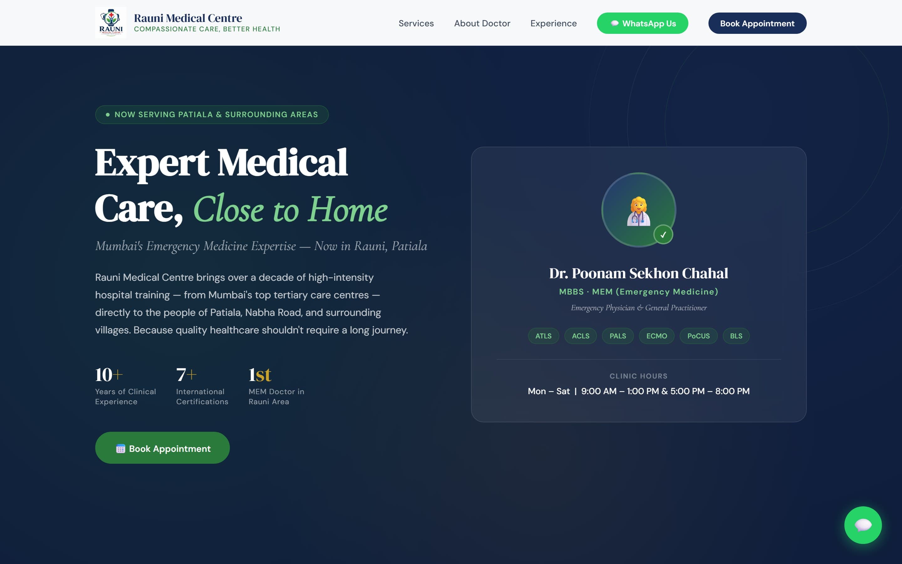 Rauni Medical Centre — a neighbourhood clinic website for Dr. Poonam Sekhon Chahal on Nabha Road, Patiala